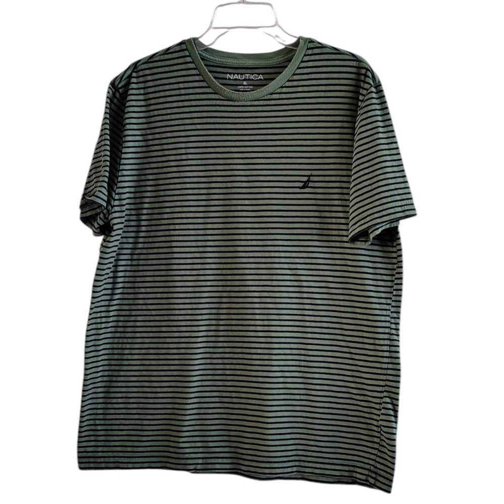 Nautica Men's XL Striped Crew Neck T-Shirt, Green with Black, Fisherman's